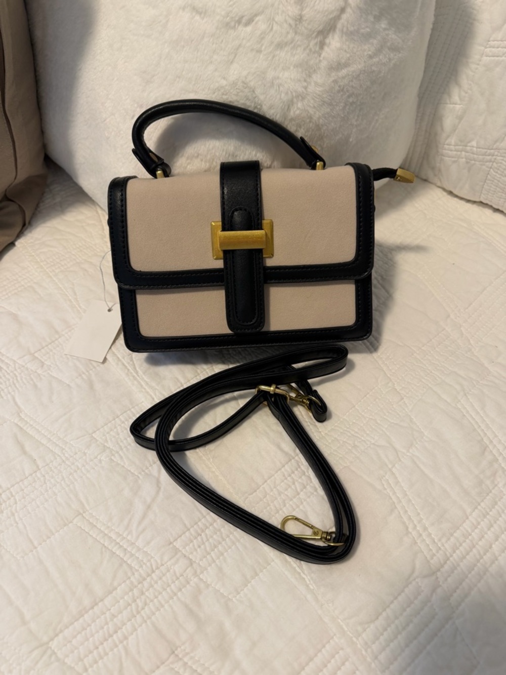 Nykaa NWT Structured Top-Handle Crossbody. Beige/Black Canvas&Leather 8x5.5